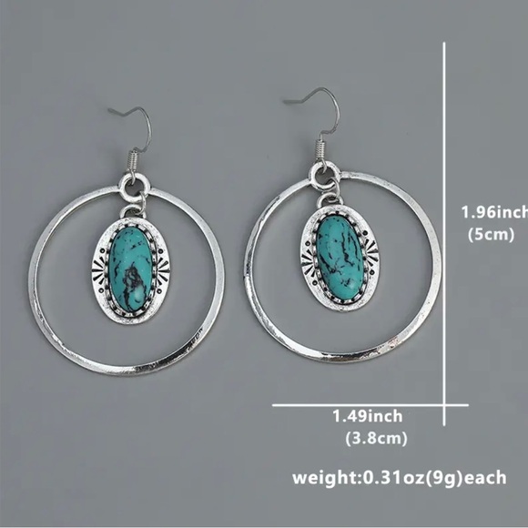 Bohemian Ethnic Style Hollow Round Shape with Oval Turquoise Dangle Earrings - Picture 3 of 5